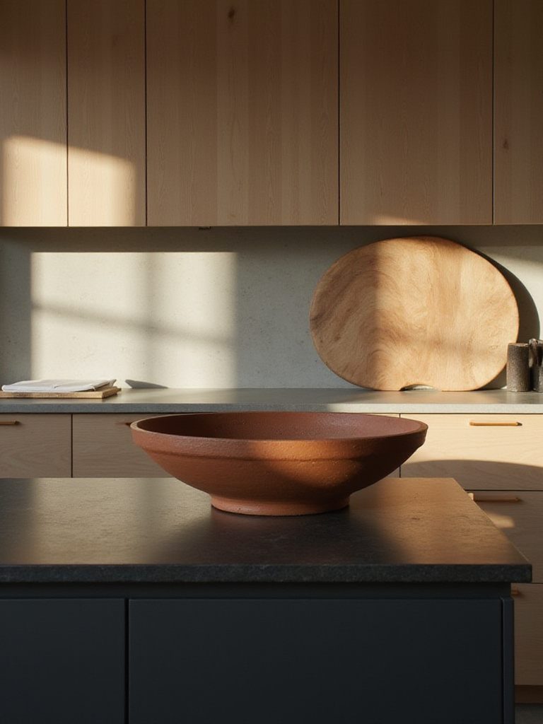 Minimalist kitchen with unglazed terracotta fruit bowl and wooden cutting board showcasing subtle texture.