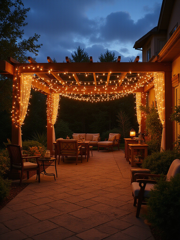 A well-lit patio with string lights elegantly arranged over a pergola, creating a warm and inviting outdoor atmosphere.