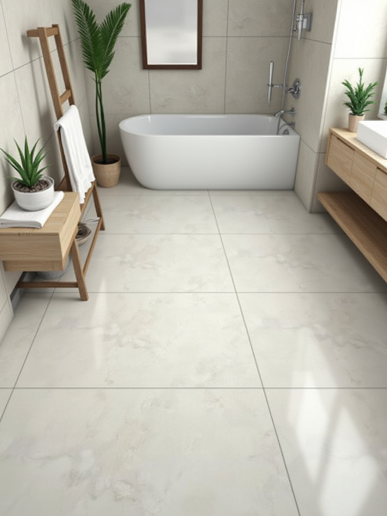 Large format tiles in a modern bathroom floor with minimal grout lines.