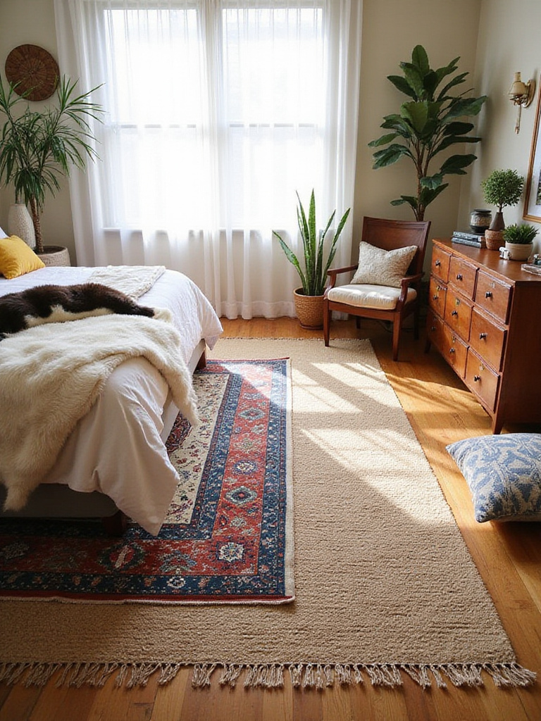 Boho bedroom with layered rugs including a jute base rug, a Persian rug, and a sheepskin rug