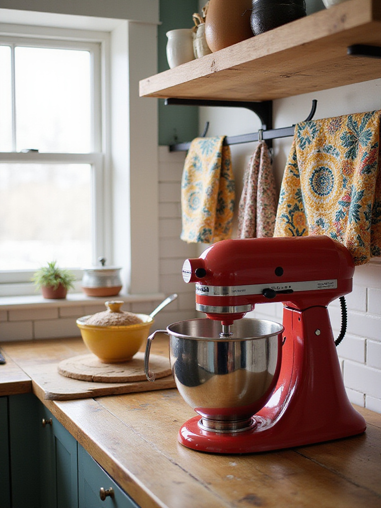 Colorful small appliances and linens in an eclectic bohemian kitchen setting.