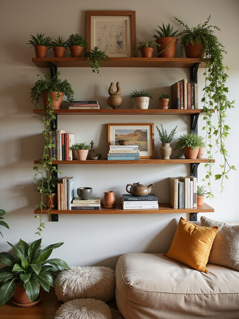 Styled open shelves featuring books, plants, and artistic objects in a bohemian living room.