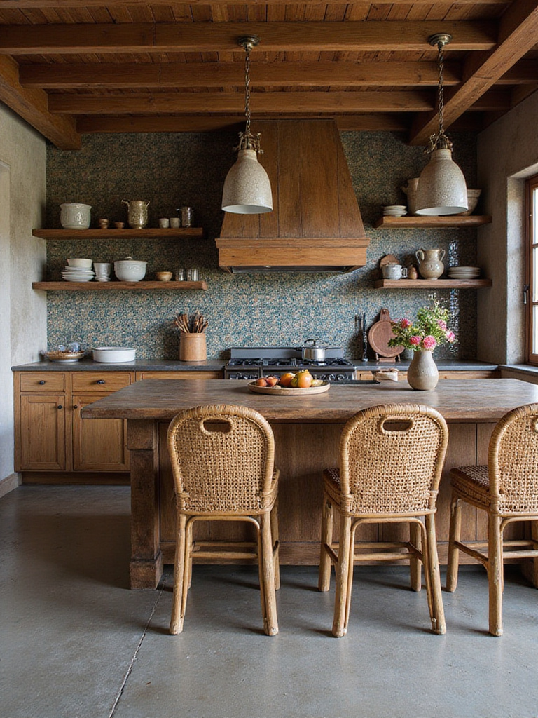 Eclectic bohemian kitchen with diverse textures including reclaimed wood, polished concrete, and Moroccan tiles.