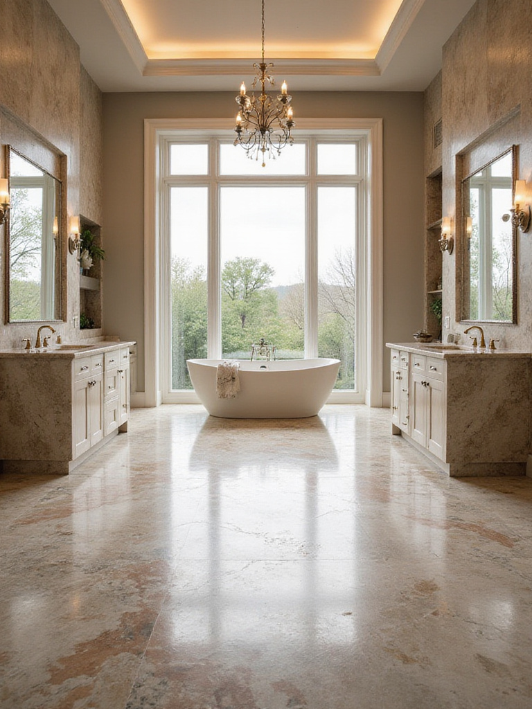 Luxurious bathroom with natural stone flooring and spa-like features
