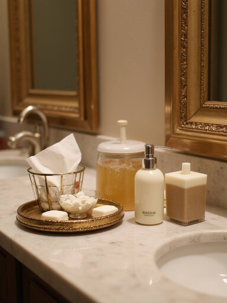 Luxurious powder room with premium amenities including hand soap, lotion, and essential items.
