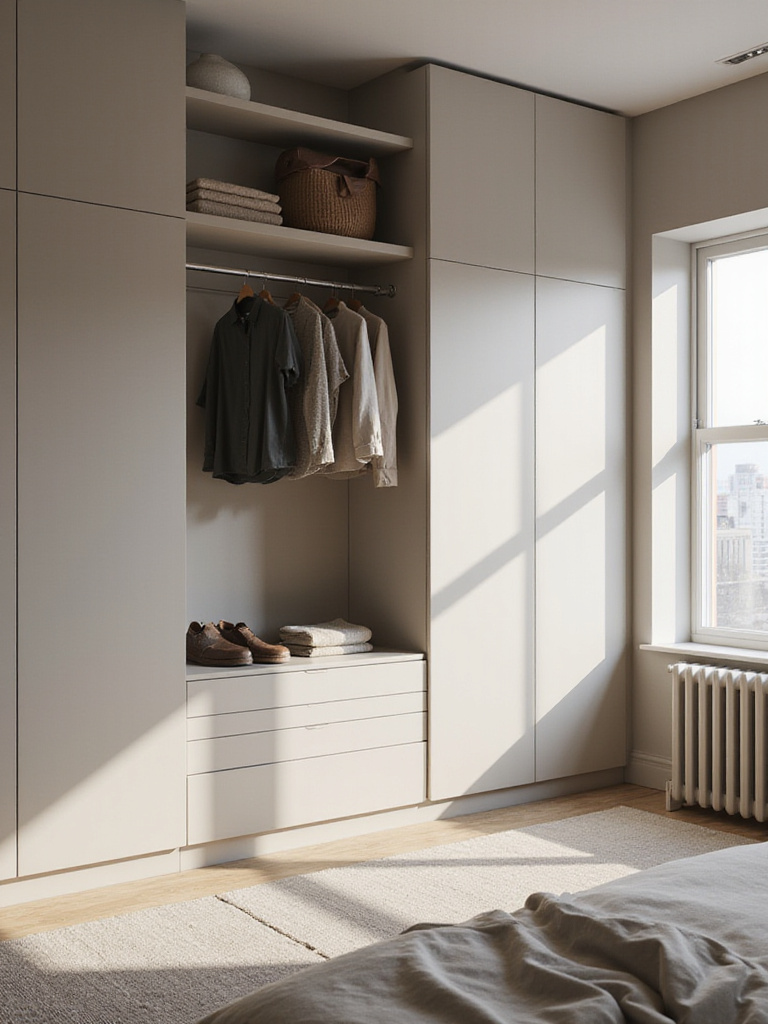 Minimalist bedroom with built-in wardrobe and organized interior