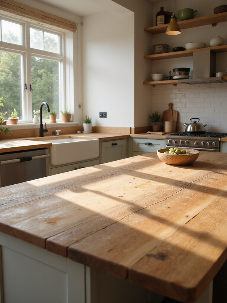 Warm butcher block countertops in a farmhouse kitchen setting