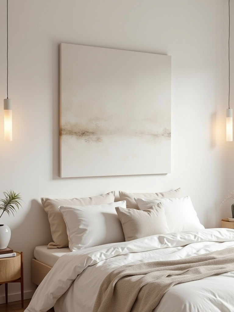 Minimalist bedroom featuring a headboard-free bed with layered bedding and abstract art