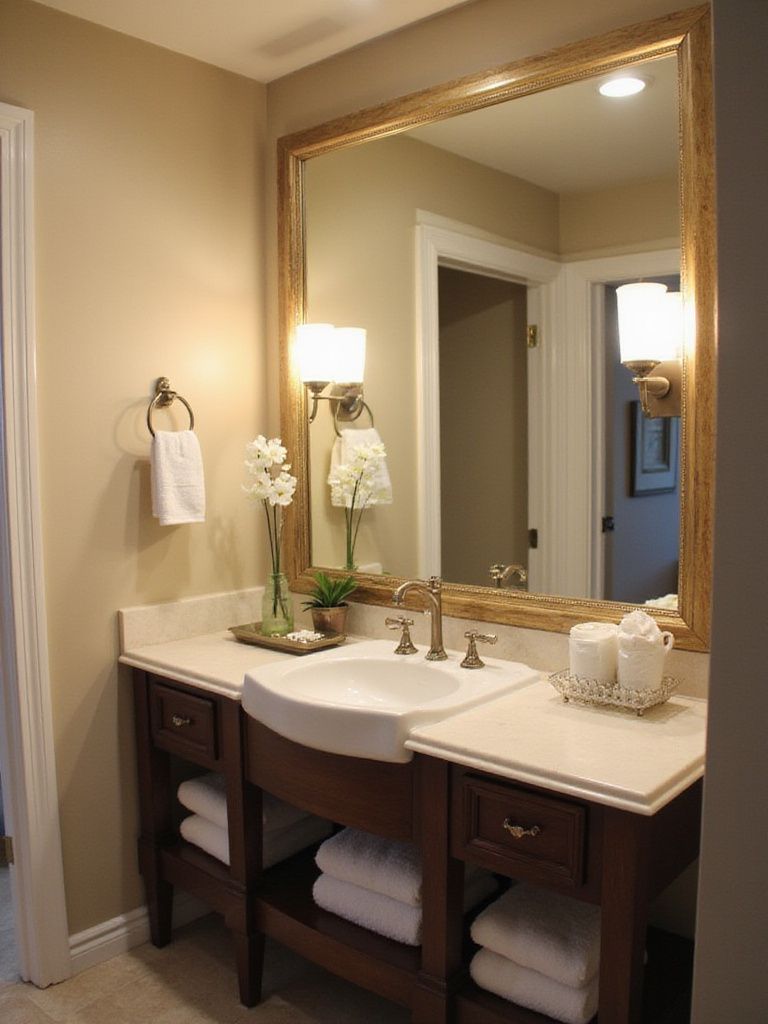 Oversized mirror in a stylish powder room reflecting warm lighting and elegant decor