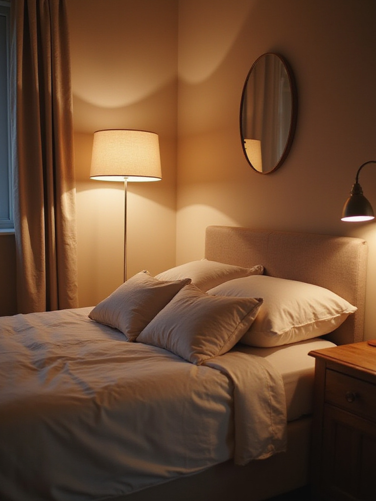 Modern bedroom with warm lighting promoting sleep quality