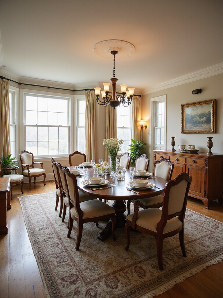 Traditional dining room layout with optimized flow and elegant furniture