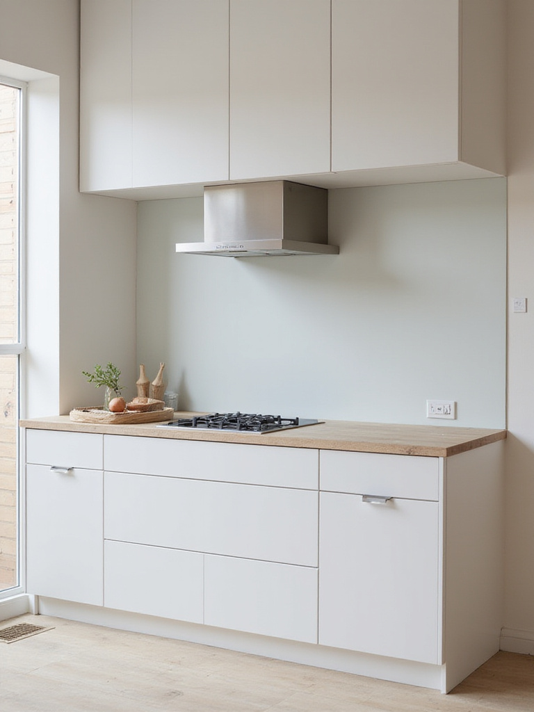 Minimalistic kitchen with concealed ventilation hood integrated into cabinetry