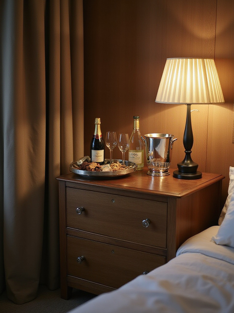 A luxurious mini-bar setup in a cozy bedroom, featuring drinks and snacks in a warm, inviting atmosphere.