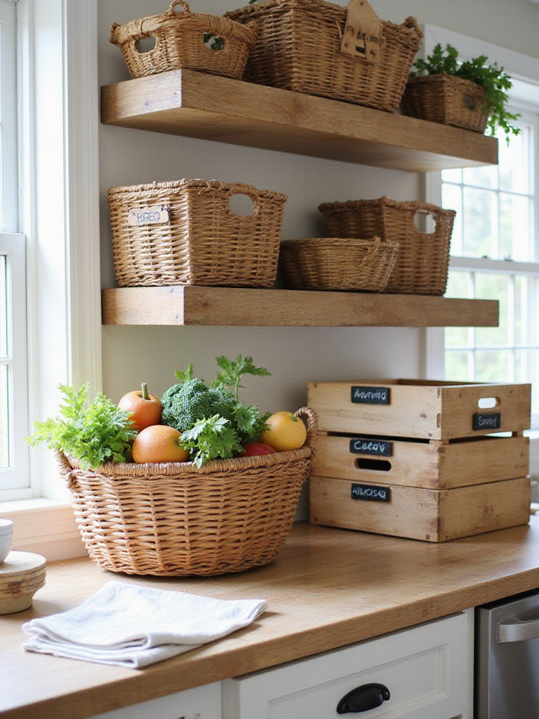 A farmhouse kitchen featuring woven baskets and wooden crates for organization.