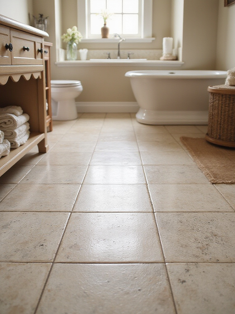 A close-up view of a bathroom floor with various tiles showcasing PEI ratings under warm lighting.