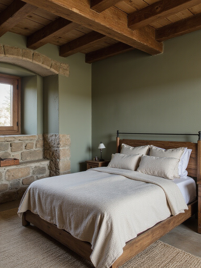 Rustic bedroom with muted earth tone walls and natural textures