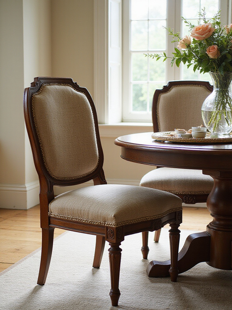 Traditional dining room with a pair of elegant dining chairs around a wooden table
