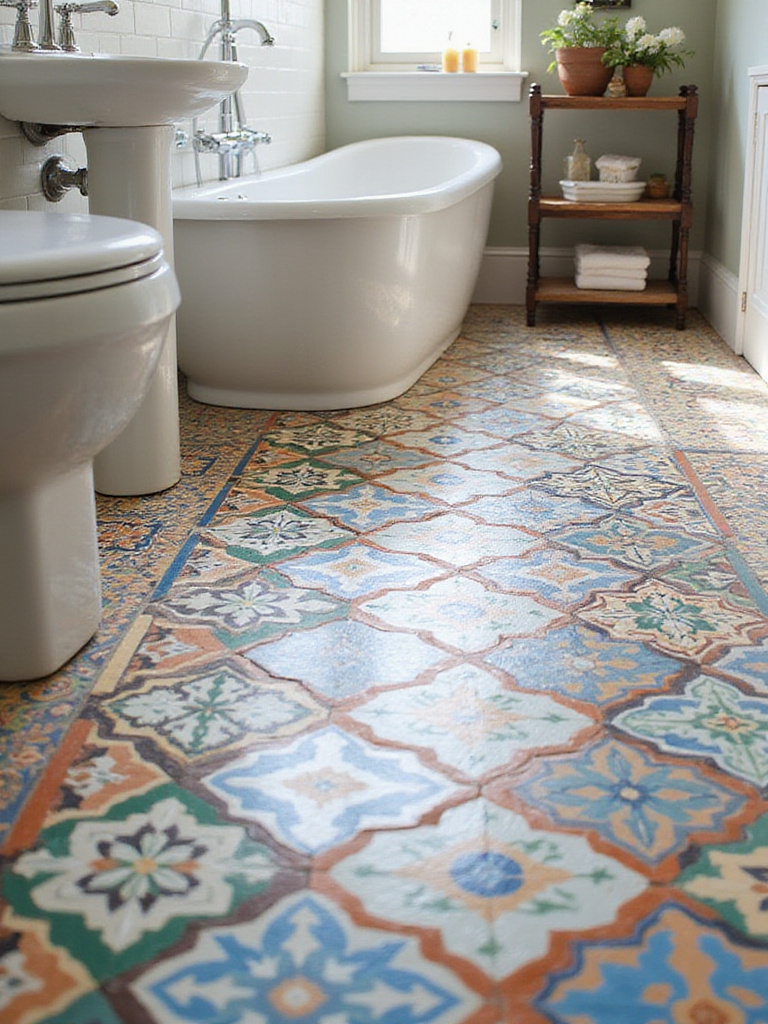 Vibrant patterned cement tiles in a stylish bathroom setting