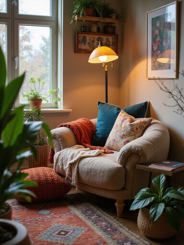Cozy reading nook design in a bohemian living room with natural light and warm textiles