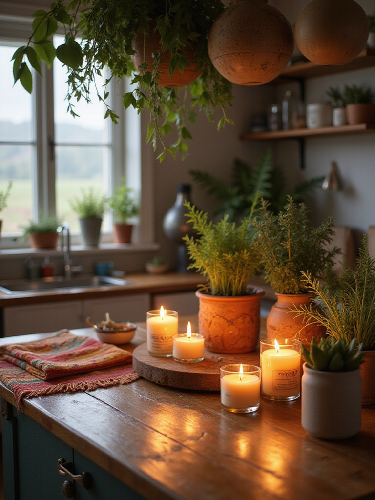 Eclectic bohemian kitchen with scented candles and diffusers creating a warm ambiance.