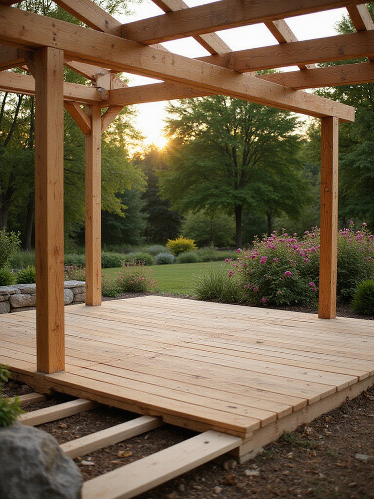 A partially constructed deck in a beautiful garden setting, showcasing the structure and design elements.