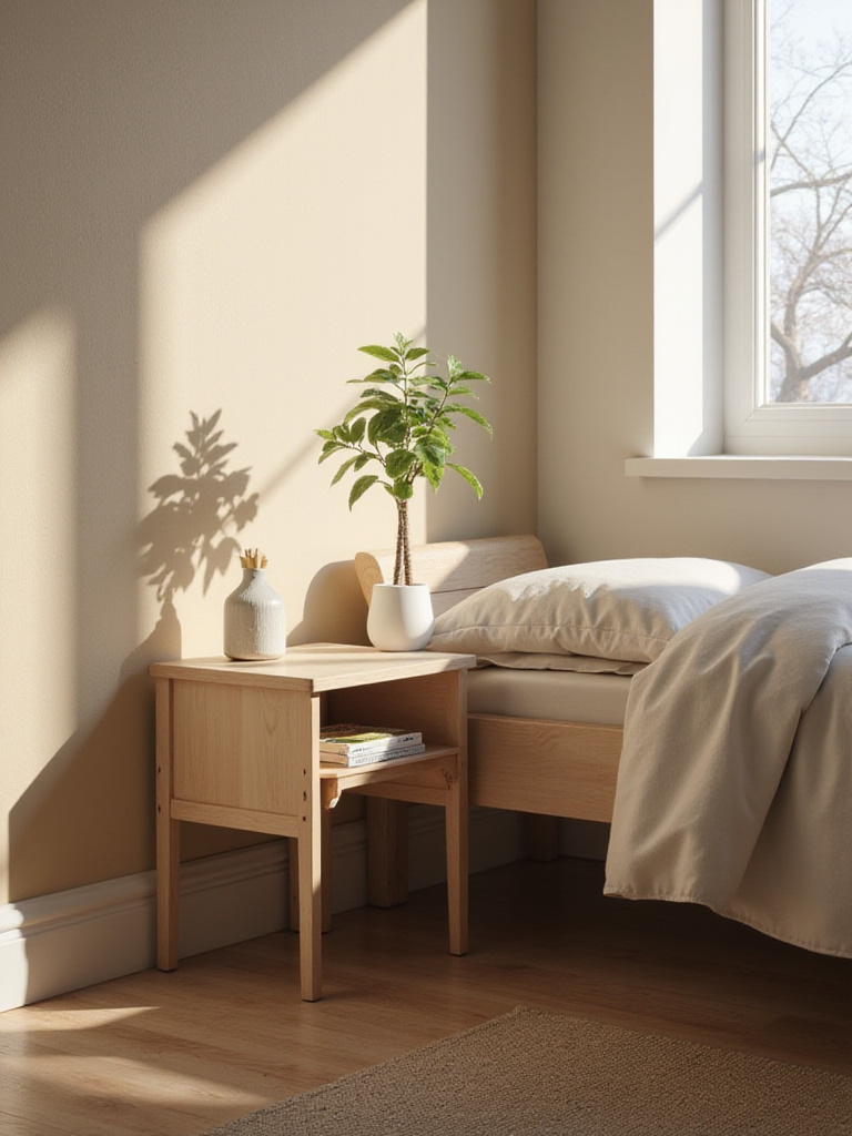 Single slim nightstand with minimalist design in a serene bedroom setting