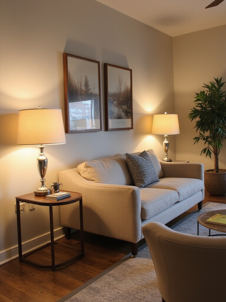 A modern living room with strategically placed lamps near electrical outlets, showcasing a clean and organized look.