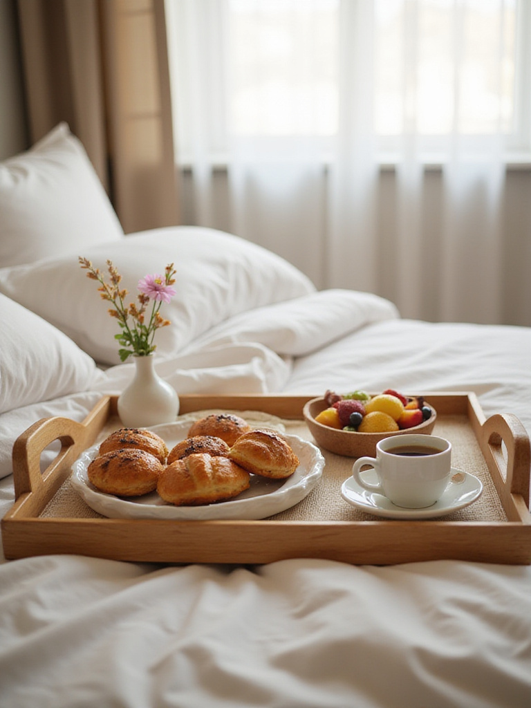 A beautifully arranged breakfast tray on a bed, featuring pastries, fruits, and coffee.