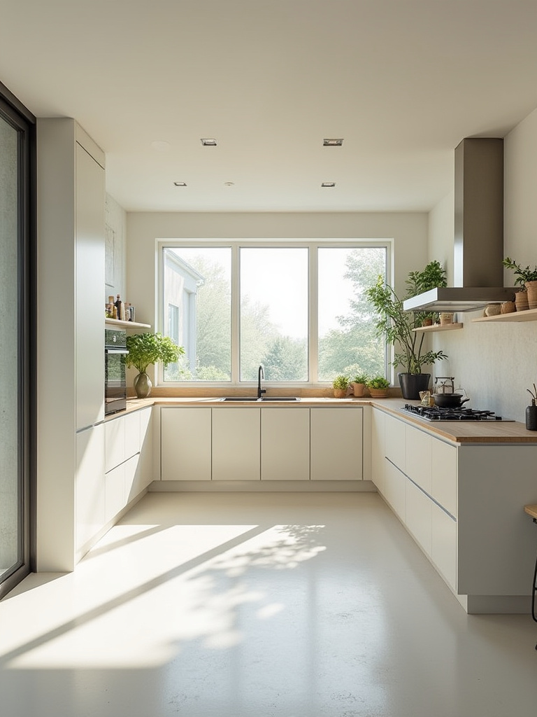 Minimalistic kitchen with an efficient open layout showcasing key work zones.