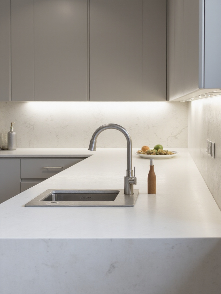 Minimalistic kitchen with easy-clean surfaces including quartz countertop and integrated sink