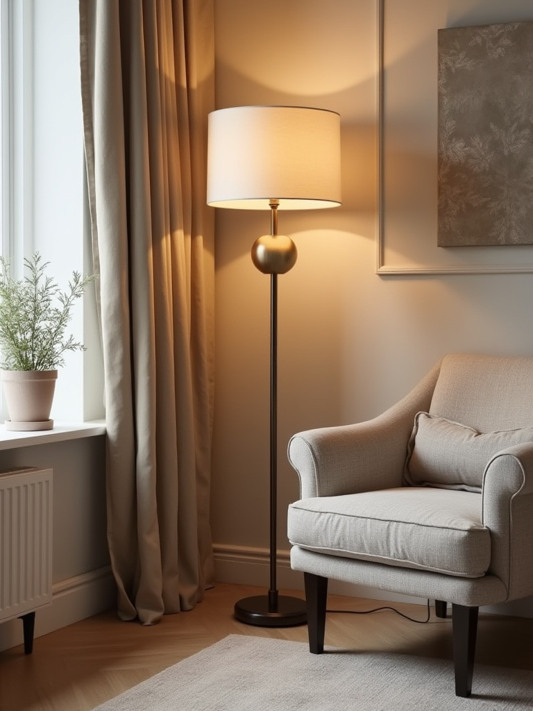 A stylish floor lamp beside an armchair in a well-lit living room.