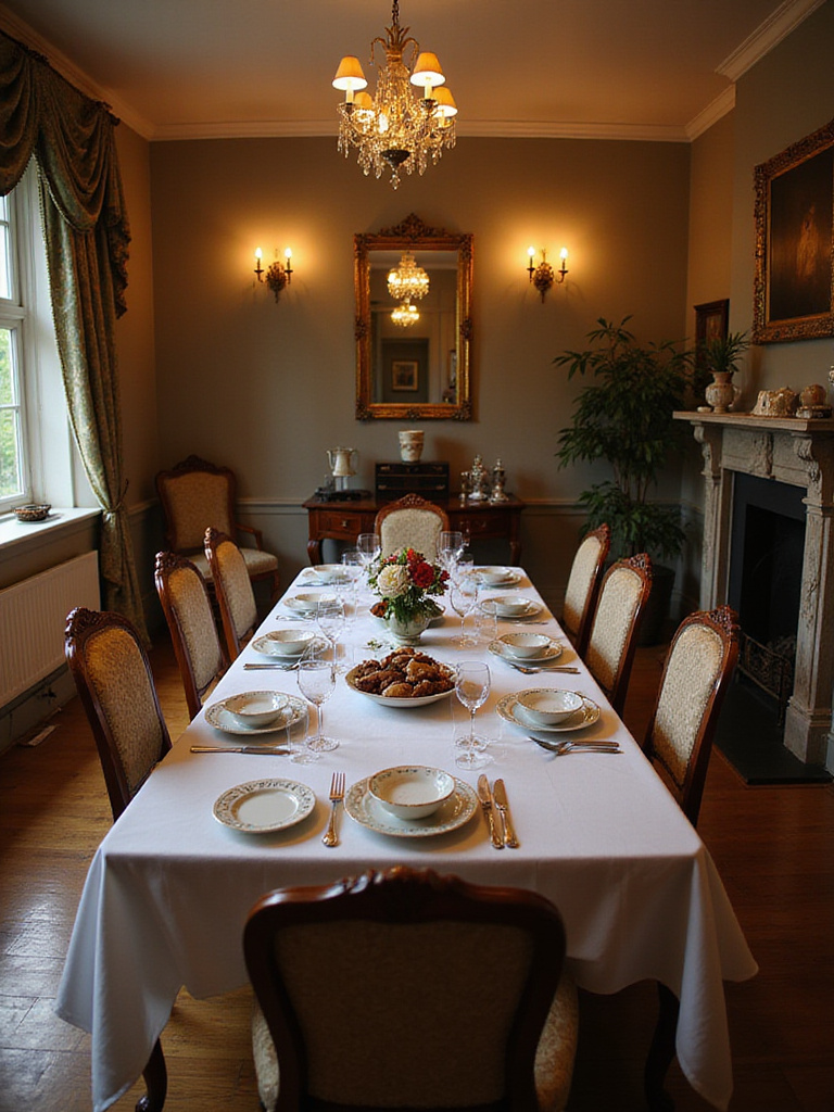 Elegant traditional dining room with a beautifully set table and warm lighting.