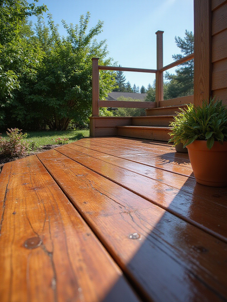 A professionally stained wooden deck surrounded by greenery, showcasing its beauty and durability.