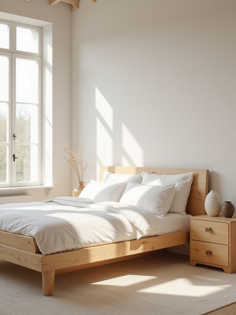 Minimalist bedroom showcasing natural wood tones with birch furniture and white linen bedding