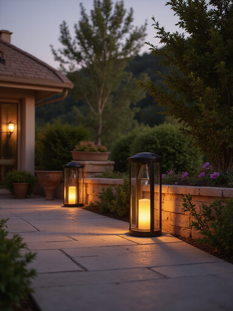 A scenic outdoor patio featuring weather-resistant lights during golden hour.