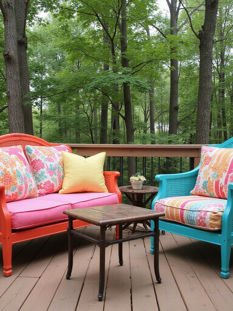 Refurbished outdoor furniture with colorful paint and cushions on a wooden deck