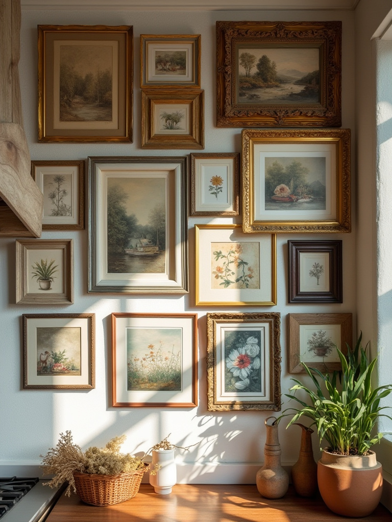 Dynamic gallery wall in an eclectic bohemian kitchen featuring artisan artwork and framed prints.