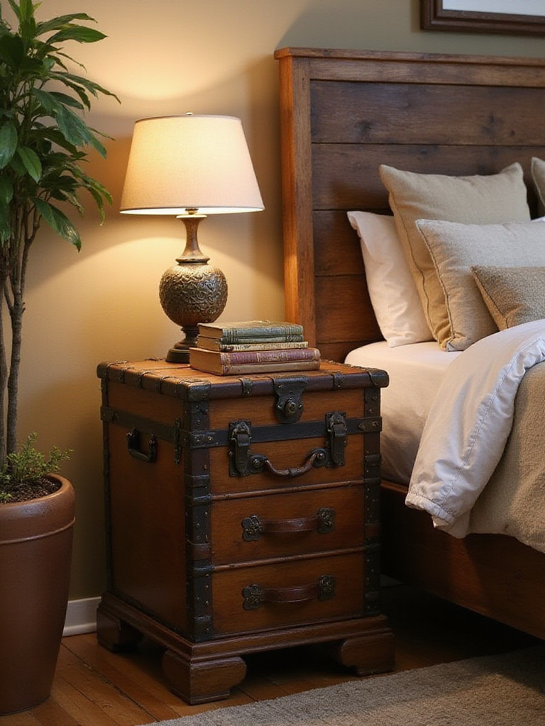 Rustic bedroom featuring a vintage trunk as a nightstand with warm lighting and cozy decor.