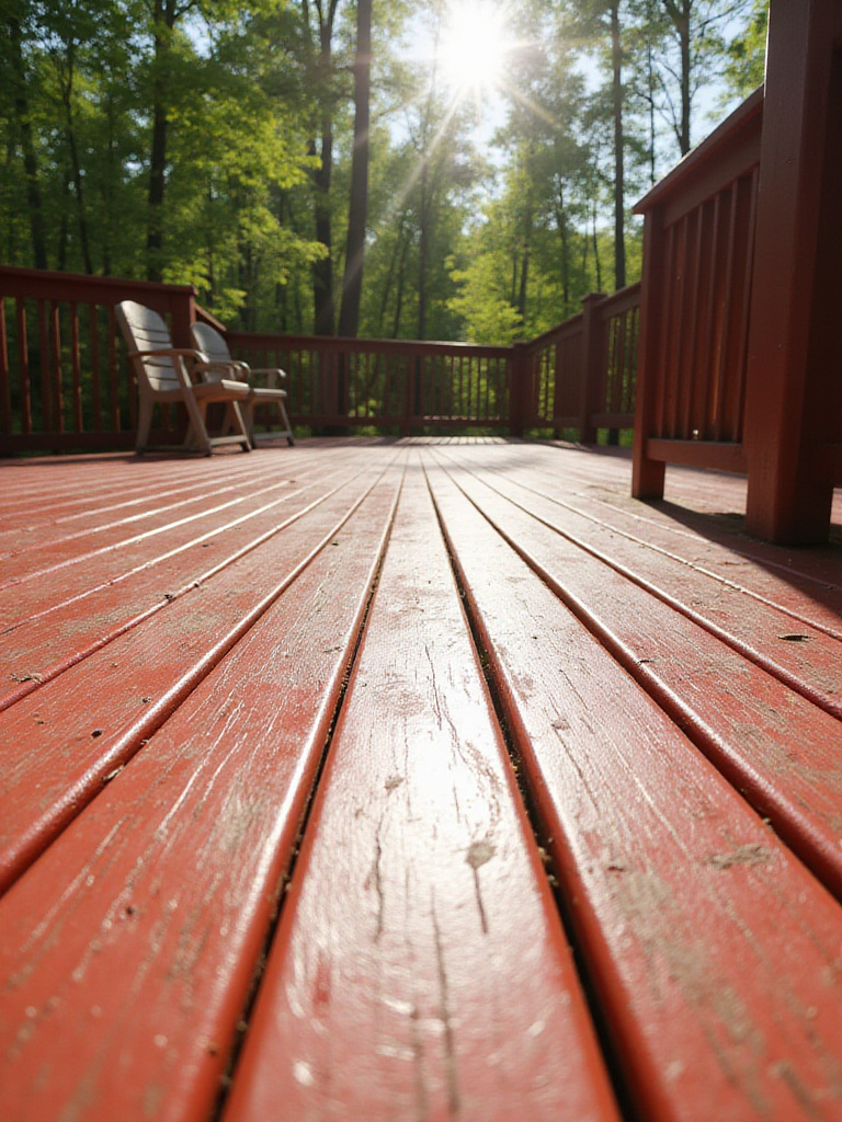 Freshly painted wooden deck boards in a vibrant color surrounded by greenery.