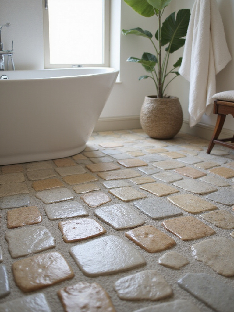 Luxurious bathroom floor with smooth river rock and pebble tiles exhibiting unique texture