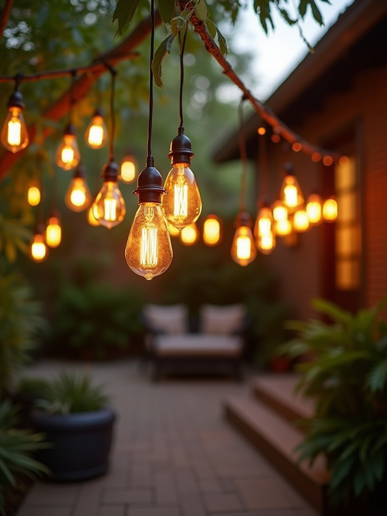 Cozy outdoor patio with globe and Edison-style bulbs creating a warm ambiance during sunset.
