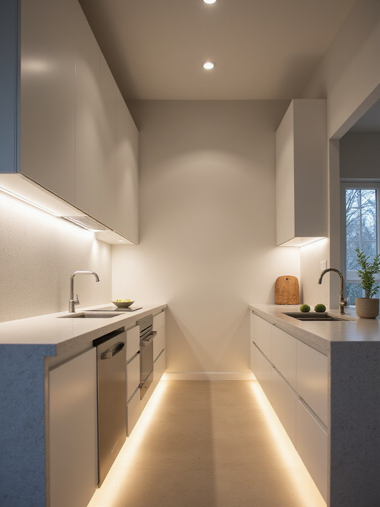 Minimalistic kitchen with integrated layered lighting solutions