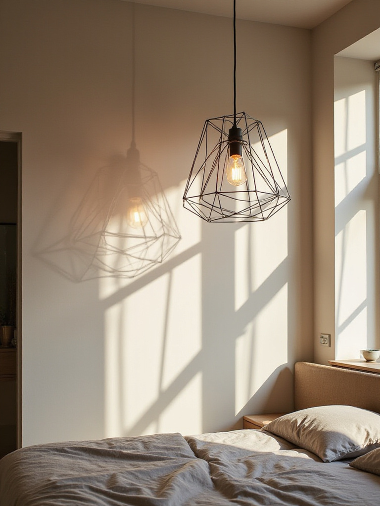 Modern bedroom with geometric pendant light creating dynamic shadows