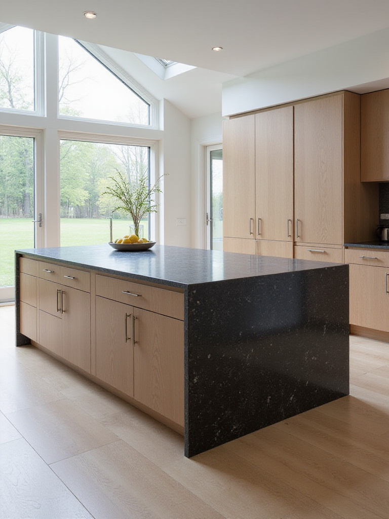 Minimalistic kitchen with honed granite countertop and oak cabinetry