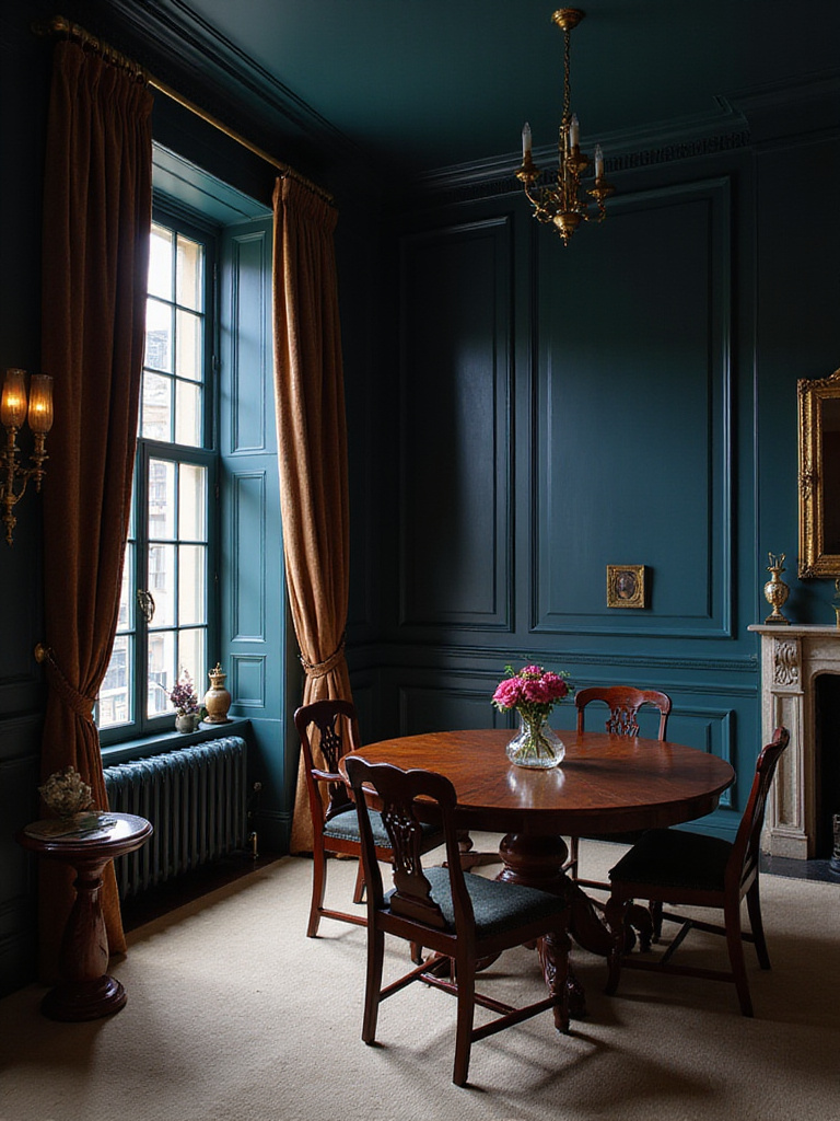 Traditional dining room featuring rich color palette with deep blue walls and mahogany furniture