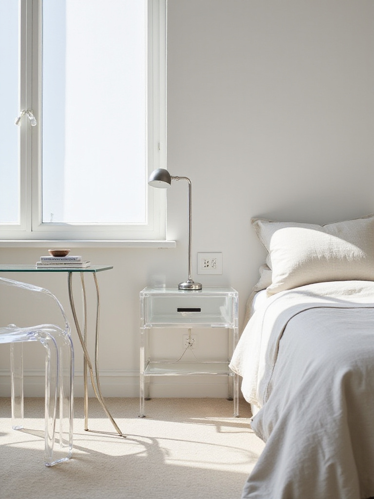 Minimalist bedroom with transparent furniture and natural light