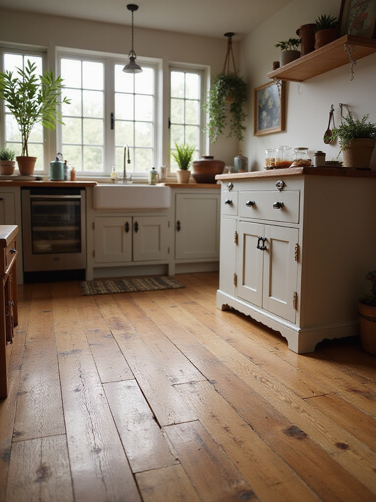 A beautifully designed farmhouse kitchen featuring select wide plank wood flooring, showcasing rustic decor and natural light.