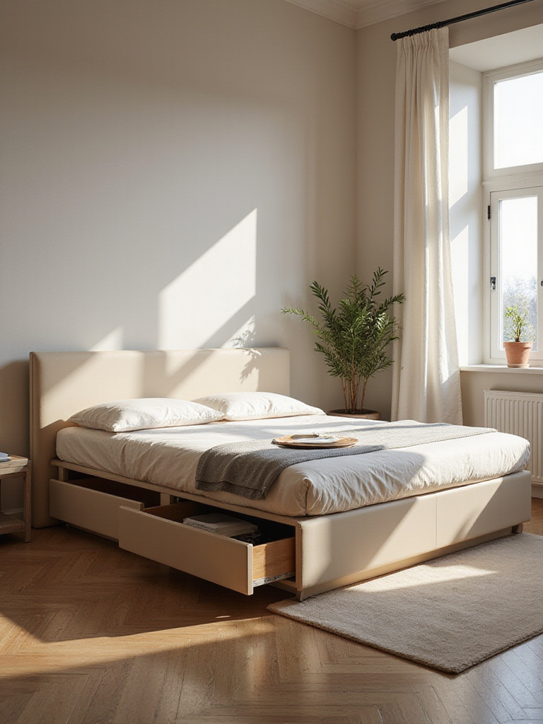 Minimalist bedroom featuring a bed frame with integrated storage solutions
