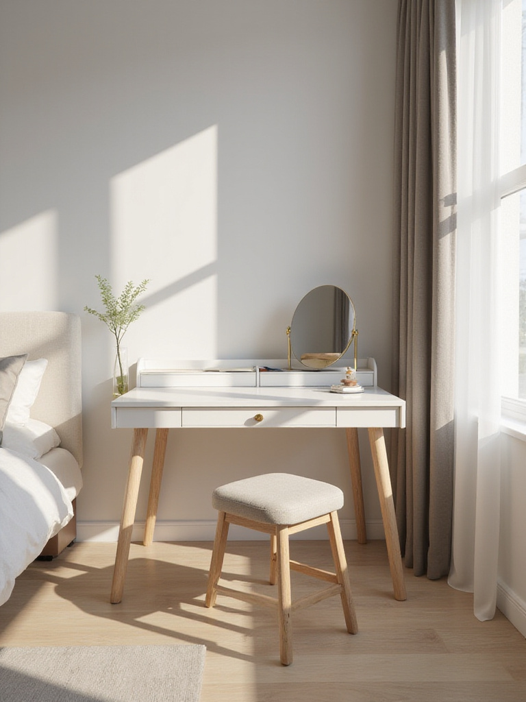 A minimalist compact desk that doubles as a vanity in a serene bedroom setting.