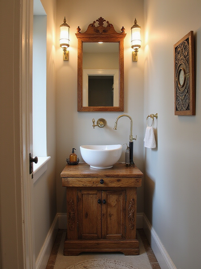 Unique powder room vanity made from reclaimed wood with vessel sink.